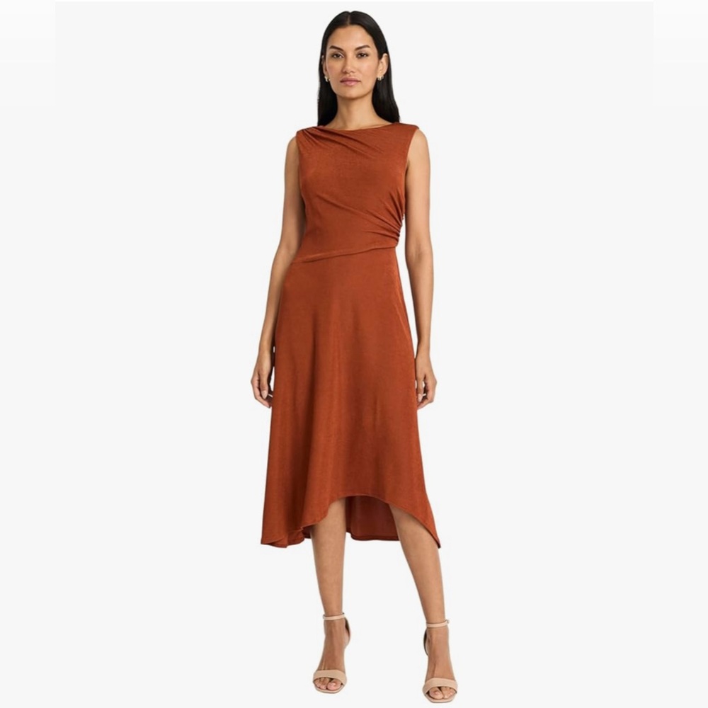 Maggy London Women's Gathered High-Low Dress Sz 10 RUST